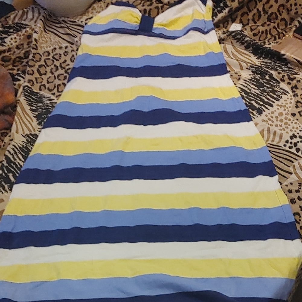 Tommy Bahama Blue and Yellow Striped 3/4 Length Dress Sz MED